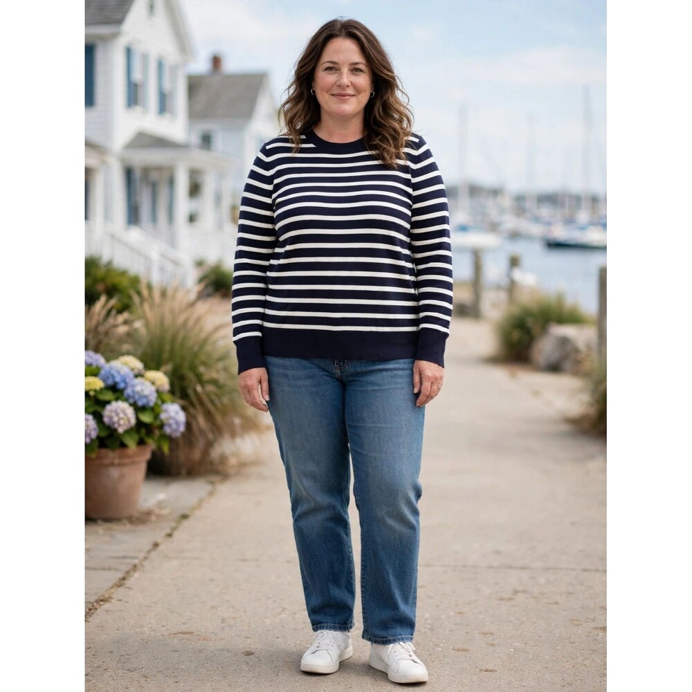 Free Assembly Navy White Striped Crew Neck Sweater Nautical Preppy Classic
